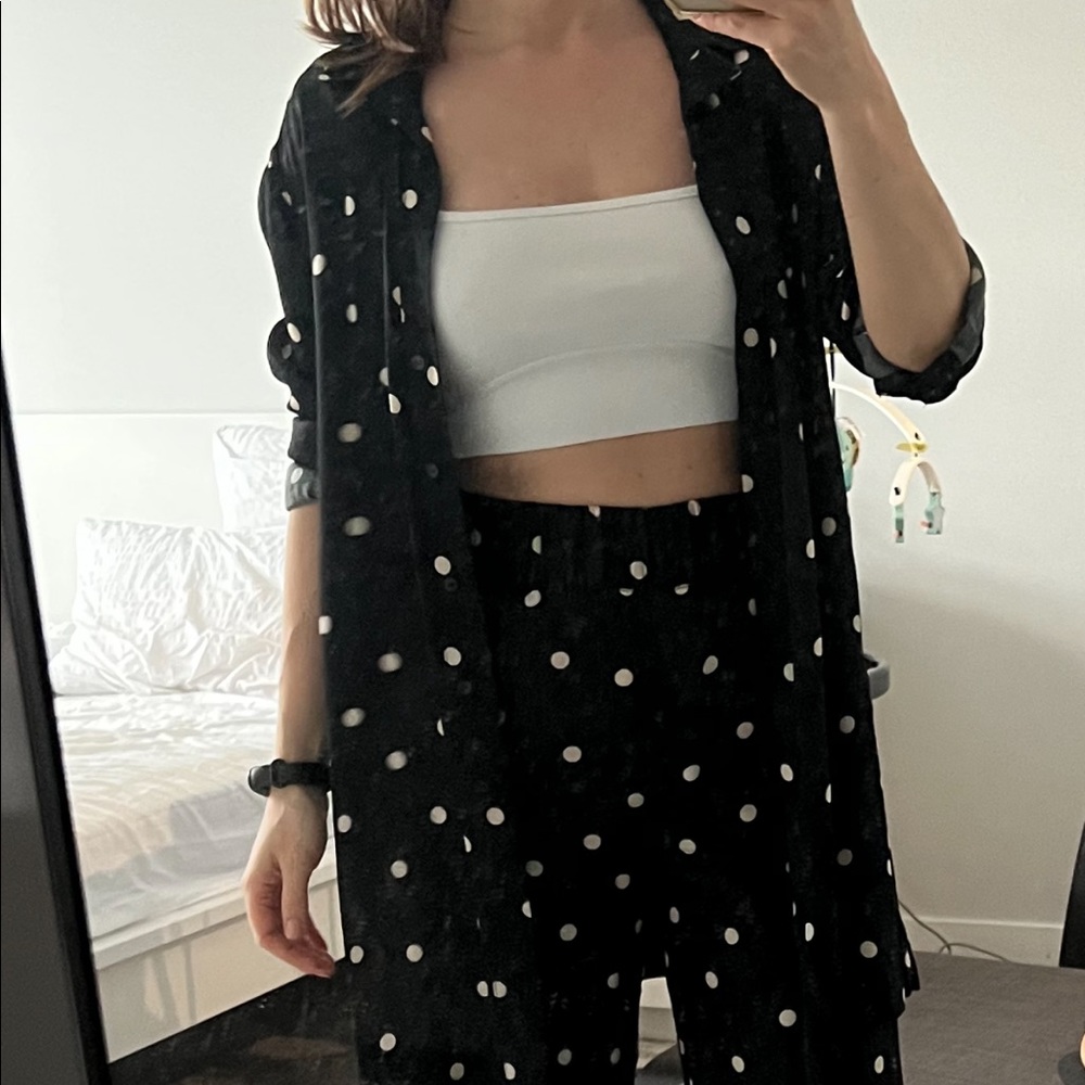 Polka dot lounge viscose set: long shirt and pants